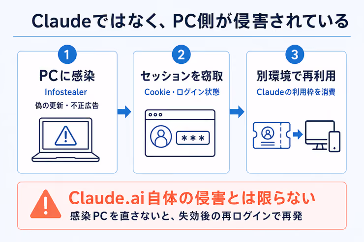 感染したパソコンからログイン済みセッションが盗まれ、別環境で再利用されるまでの3ステップの図解
