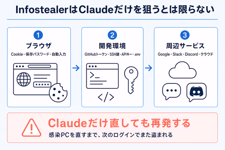 Infostealerの被害がブラウザから開発環境や周辺サービスへ広がる範囲を示す図解
