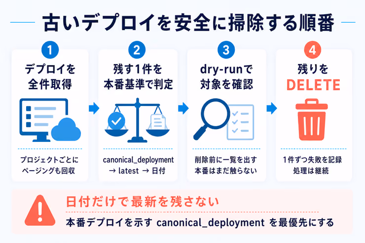Cloudflare Pagesの古いデプロイを全件取得、本番基準で判定、dry-run確認、削除する順番の図解
