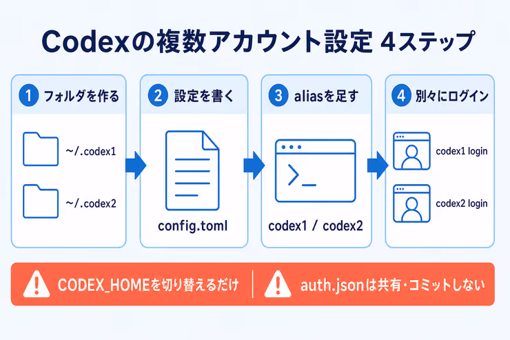 Codexの複数アカウント設定をフォルダ作成からログインまで4段階で示す図解